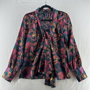 Dialogue Blouse Sz XS Paisley Satin Button Up Tie Front Long Sleeve Green Purple
